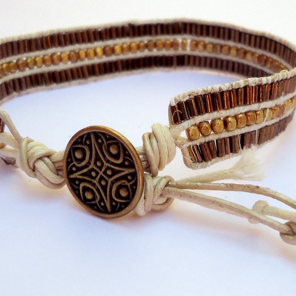 Unisex cuff bracelet,  leather cord bracelet,  beaded bracelet, beige and coffee bracelet, Celtic button bracelet