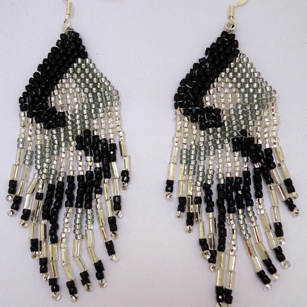 Beaded earrings, chandelier style in diamond pattern with black,pewter and crystal seed  beads. Handmade.