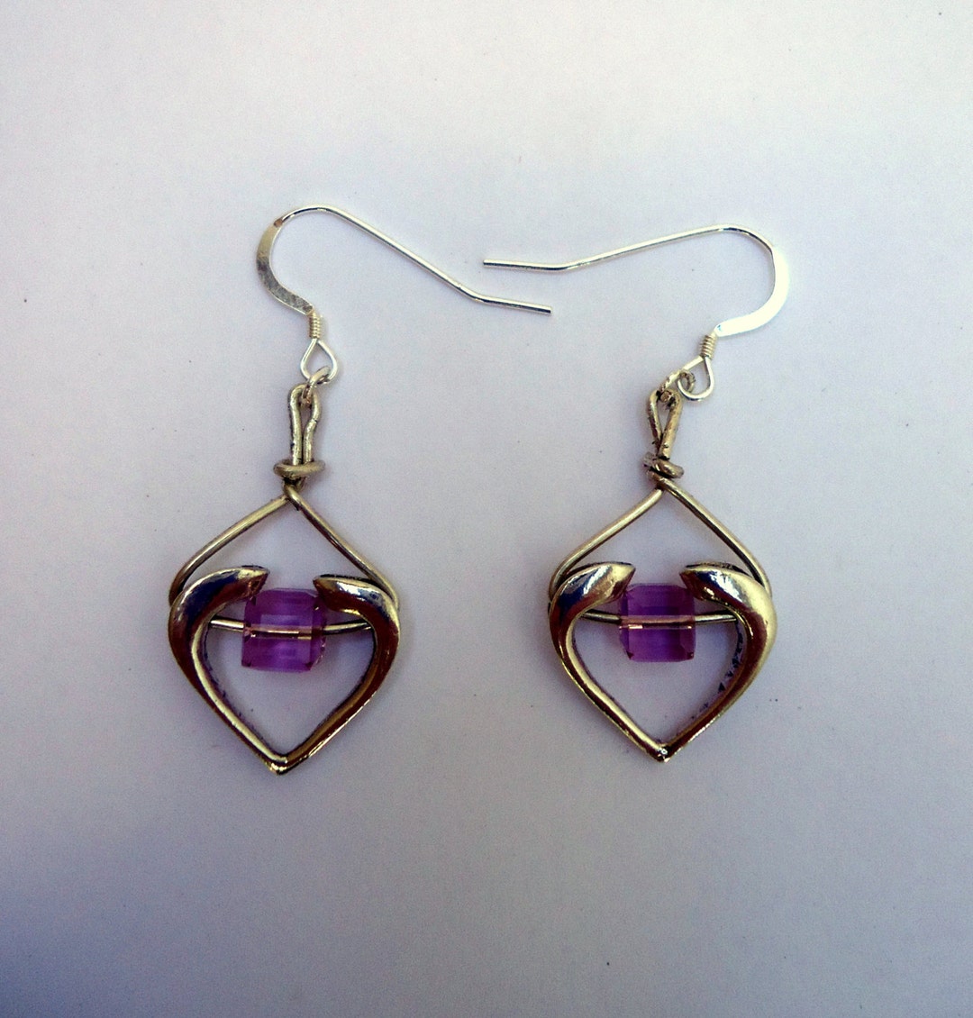 Sterling Silver Open Heart Earrings With Pale Lilac Square - Etsy