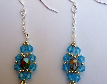 Dangling floral beaded earrings in sterling silver and blue crystals and seed beads. Very delicate! gift for wife, summer gift, handmade