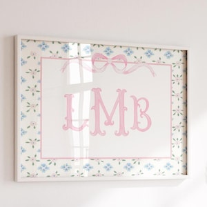 Girl Monogram Wall Art, Pink Floral Nursery Monogram, Grandmillennial Nursery Wall Art, Custom Girl Initials Print, Above Crib Wall Art