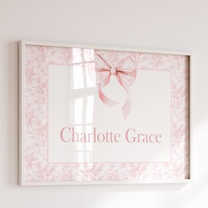 Grandmillennial Nursery Wall Art, Pink Rose Girl Wall Art, Chinoiserie Girl Nursery Decor, Pink Bow Girl Nursery, Custom Name Wall Art