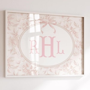 Pink Grandmillennial Nursery Wall Art, Monogram Girl Print, Chinoiserie Nursery Decor, Pink Bow Girl Nursery Art, Above Crib Wall Art