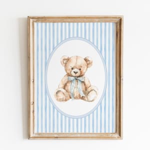 Arte de pared vintage de oso azul, decoración de habitación infantil, póster de oso con lazo azul, impresión de animales para habitación infantil, decoración vintage para habitación de niño pequeño, imprimible
