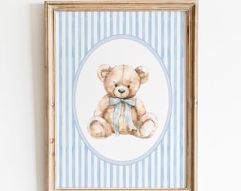 Vintage Bear Blue Wall Art, Boy Nursery Decor, Bear Blue Bow Poster, Animal Nursery Print, Little Boy Vintage Room Decor, Printable