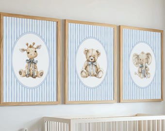 Boy Nursery Wall Art Set, Giraffe Bear Elephant Watercolor Print, Blue Stripe Boys Room Decor