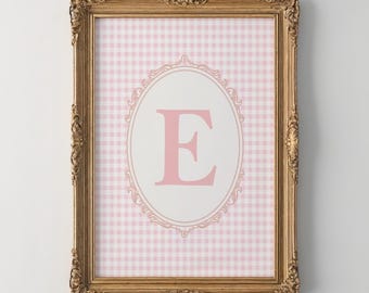 Anfangs E Wandkunst, rosa Vichy-Karo Name Anfangswandkunst, Monogramm Druck, Vintage E Anfangswandkunst, Mädchen Kinderzimmer Anfangsbuchstabe, Geschenkidee