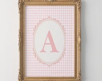 Initial A Wandkunst, rosa Gingham Name Initial Wandkunst, Monogramm Druck, Vintage A Initial Wandkunst, Mädchen Kinderzimmer Anfangsbuchstabe, Geschenkidee