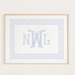 Blue Monogram Nursery Print, Blue Plaid Nursery Wall Art Decor, Baby Boy Monogram, Boys Room Decor, Above Crib Poster, Boy Initials Wall Art
