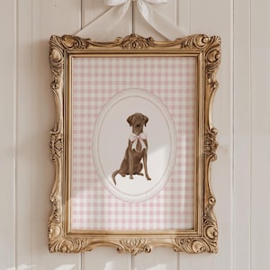 Chocolate Labrador, Hund Mädchen, Kinderzimmer Dekor, rosa Gingham Welpe Druck, kokett Hund Wandkunst, Mädchenzimmer Dekor, bedruckbar