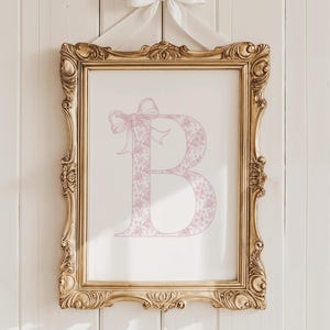 Pink Chinoiserie Monogram Wall Art, Girl Initial Nursery Print, Floral Monogram, Pink Grandmillenial Nursery Decor, Pink Bow, Printable