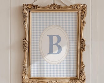Initial B Wall Art, Blue Gingham Name Initial Wall Art, Monogram Print, Vintage B Initial Wall Art, Boy Nursery Initial letter, Baby Gift
