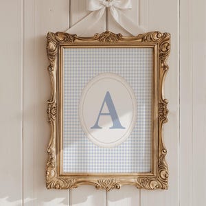 Arte mural con la inicial A, inicial del nombre a cuadros azules, monograma, vintage, inicial A, regalo para bebé
