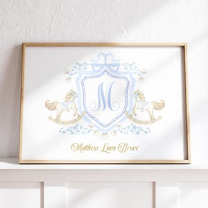 Nursery Monogram Wall Art, Rocking Horse Crest, Rocking Horse Nursery Wall Art, Watercolor Blue Crest, Boy Monogram Nursery, Printable