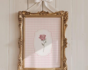 Rose Wall Art Print, Vintage Flowers Painting, Pink Floral Wall Art, English Garden Digital Print, Pink Gingham Flower Decor, Girl Nursery