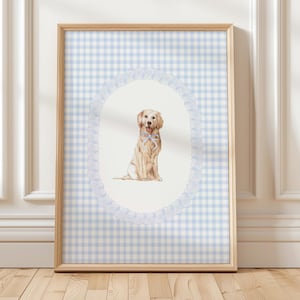 Golden Retriever Gingham Nursery Print, Puppy Nursery Wall Art, Boy Nursery Wall Art, Blue Gingham Dog Print, Digital Download