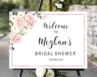 Rose Gold Bridal Shower Welcome Sign, Landscape Welcome Poster, Roses Bridal Shower Decor, Welcome Template, Pink Floral Welcome Sign, RGS