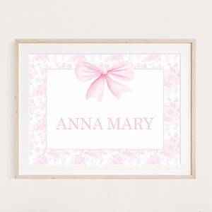 Girl Nursery Wall Art, Pink Bow Nursery Wall Art, Grandmillennial Nursery Decor, Custom Girl Name Print, Above Crib Wall Art, Pink Floral
