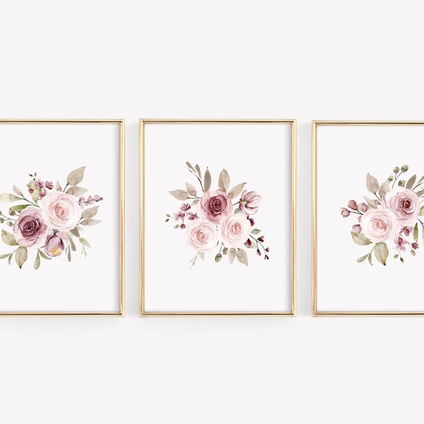 Floral Dusty Roses Wall Art Print, Set of 3 Watercolor Paintings, Floral Bouquet, Home Decor, Printable Wall Art, Living Room Wall Art