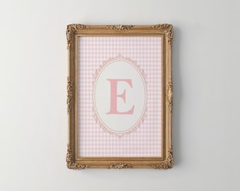 Initial E Wall Art, Pink Gingham Name Initial Wall Art, Monogram Print, Vintage E Initial Wall Art, Girl Nursery Initial letter, Gift Idea