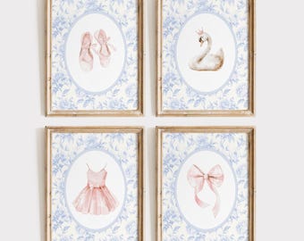 Pink and Blue Vintage Ballet Wall Art, Girl Nursery Decor, Ballerina Wall Art, Grandmillenial Ballet Nursery Set, Pink Bow Ballet Print