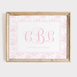 Pink Chinoiserie Nursery Monogram Wall Art, Pink Floral Girl Nursery, Grandmillenial Wall Art Print, Girl Room Decor, Above Crib Wall Art
