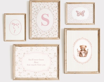 Floral Initial Nursery Wall Art Set, Pink Bear, Butterfly Print (Digital Download)