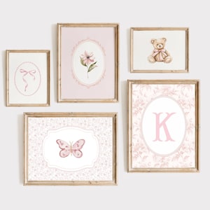 Girl Nursery Wall Art Set, Pink Floral Initial Wall Art, Vintage Bear Print, Girl Nursery Set Print, Pink Coquette Wall Art, Butterfly Print