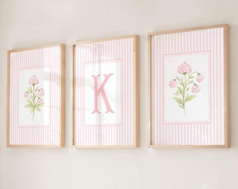 Floral Nursery Wall Art Set, Custom Girl Initial Print, Pink Watercolor Flowers, Girls Room Decor, Stripes Botanical Nursery