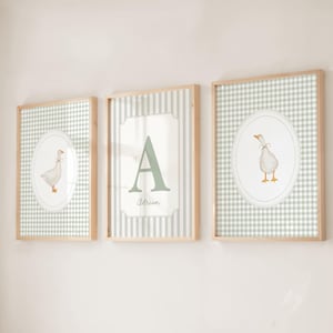 Sage Green Silly Goose Nursery Wall Art Set, Custom Name Print, Neutral Kids Room Artwork Decor image 1