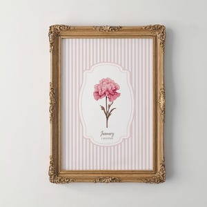 Birth Month Flower, JANUARY, Carnation Wall Art, Vintage Floral Print, Botanical Flower Wall Art Decor, Personalized Gift, Digital Download