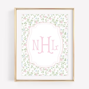 Pink Floral Wall Art, Floral Girl Nursery Monogram, Grandmillennial Wall Art, Pink Nursery Decor, Baby Girl Gift, Custom Monogram, Printable