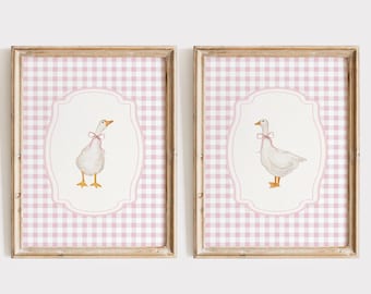 Gingham Gans Wand Kunst Set, Vintage Gans Kinderzimmer Druck, Baby Mädchen Kinderzimmer, Kokette Gans Rosa Schleife Wandkunst, Mädchen Raum Dekor