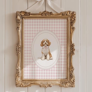 Golden Doodle Nursery Wall Art, Dog Girl Nursery Decor, Pink Gingham Puppy Print, Golden Doodle Coquette Print, Puppy Girls Room Decor