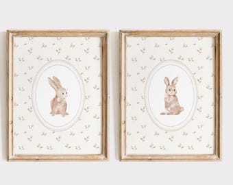 Bunny kinderkamer muur kunst set, bunny meisje kinderkamer print, neutrale bloemen kinderkamer decor, meisjeskamer bunny coquette, konijntjes kunst aan de muur downloaden