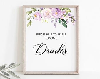 Drinks Sign, Lavender Bridal Shower Decor, Drinks Table, Mimosa Bar, Bridal Shower Sign, Purple Wedding, Baby Shower Sign, Printable, P11