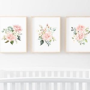 Rose Floral Print., Girl Nursery Decor, Nursery Wall Art, New Baby Gift, Watercolor Flowers, Elegant Floral Art, Set of 3 Floral, Printable