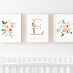 Monogram Nursery Art Print, Floral Nursery Decor, Girl Nursery Wall Art, Gold Monogram Girl Nursery, Blush Floral Wall Art, Baby Shower Gift