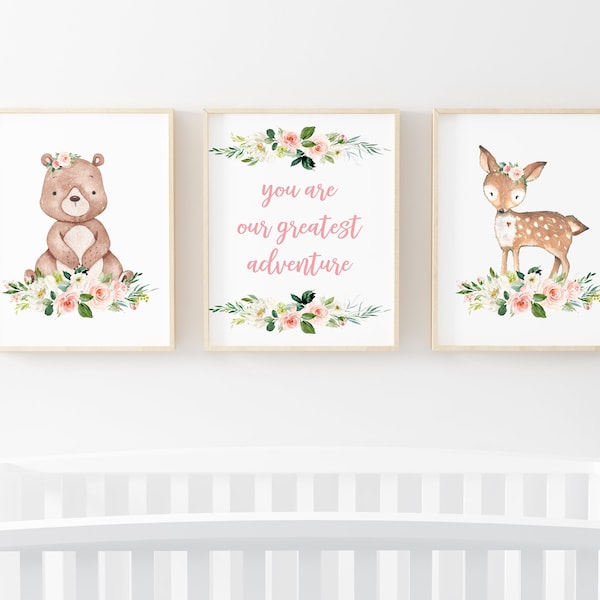 Girl Woodland Nursery Print, You Are Our Greatest Adventure, Nursery Wall Art, Woodland Pink Floral Print, Boho Nursery Decor, Printable Art