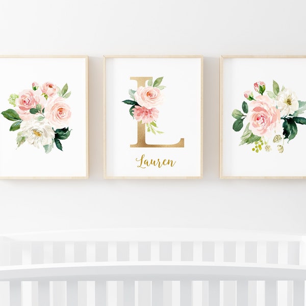 Floral Nursery Print, Girl Nursery Decor, Print Wall Art, Set of 3 Arts, Pink Floral Nursery, Monogram Print, Bloom Print Art, Printable BSL