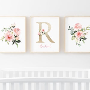 Pink Gold Nursery Art Print, Floral Nursery Decor, Girl Nursery Wall Art, Set of 3 Floral Art Print, Pink Monogram Nursery Art, Nursery Gift