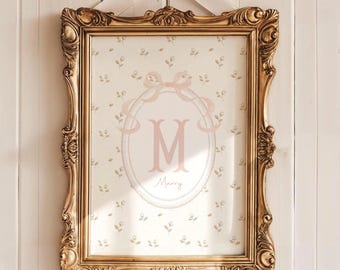 Quarto de bebê feminino com estampa floral neutra, arte de parede com monograma para quarto de bebê, monograma vintage bege para quarto de bebê, pôster floral em aquarela para quarto de bebê, monograma para menina