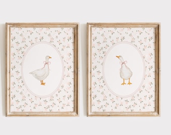 Goose Floral Nursery Wall Art Set, Duck Girl Nursery Decor, Vintage Floral Goose Print, Coquette Goose Pink Bow Wall Art, Vintage Girl Room