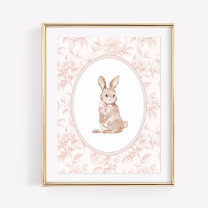 Vintage Bunny Wall Art, Girl Nursery Print, Bunny Nursery Poster, Baby Girl Room Decor, Pink Grandmillenial, Digital Download