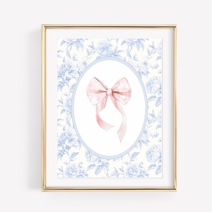 Pink Coquette Bow Wall Art, Chinoiserie Girl Nursery Print, Vintage Bow Print, Pink Blue Bow Wall Art, Blue Grandmillenial, Digital Download