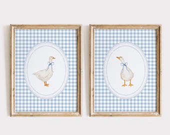 Blue Gingham Goose Nursery Set, Vintage Goose Wall Art, Baby Boy Nursery, Goose Blue Bow Wall Art, Boys Room Decor, Duck Nursery Print