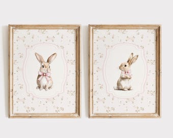 Roze bloemen konijntje kunst aan de muur, decor bunny meisje kinderkamer, print set konijn kinderkamer, konijntje kunst aan de muur, vintage meisjeskamer, Instant Download