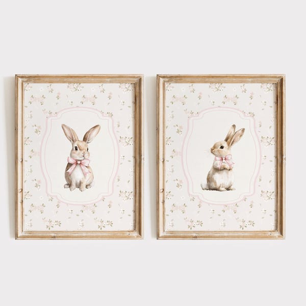 Roze bloemen konijntje kunst aan de muur, decor bunny meisje kinderkamer, print set konijn kinderkamer, konijntje kunst aan de muur, vintage meisjeskamer, Instant Download