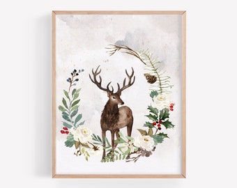 Christmas Wall Art, Holiday Winter Art Print, Christmas Deer Art Print, Printable Christmas Poster, Holiday Home Decoration, Christmas Gift