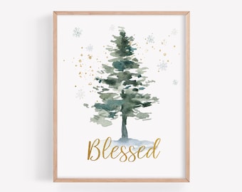 Blessed Wall Art, Winter Christmas Tree Art Print, Christmas Wall Art, Christmas Poster, Holiday Home Decoration, Christmas Gift